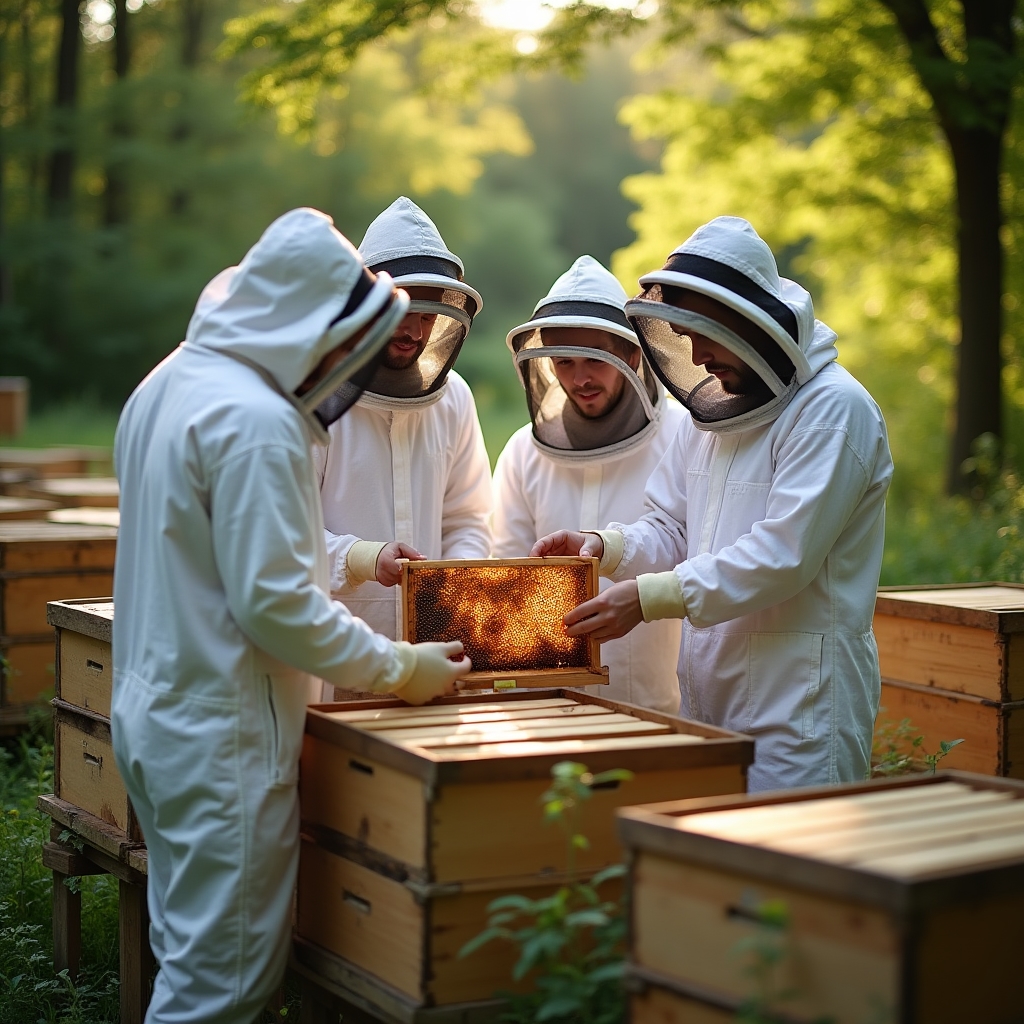 Gruppe von Kursteilnehmern bei der Bienenstock-Inspektion