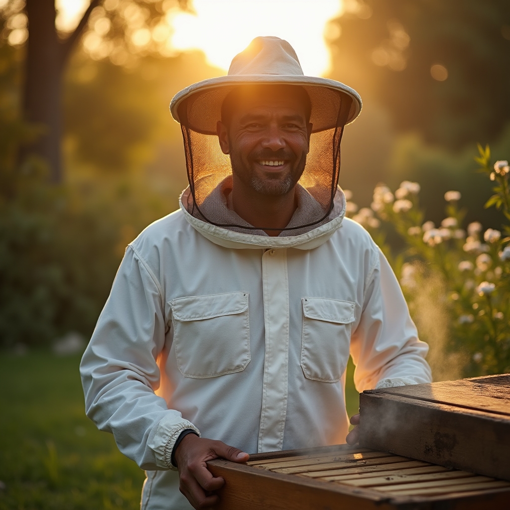 Imker in vollständiger Schutzausrüstung am Bienenstock