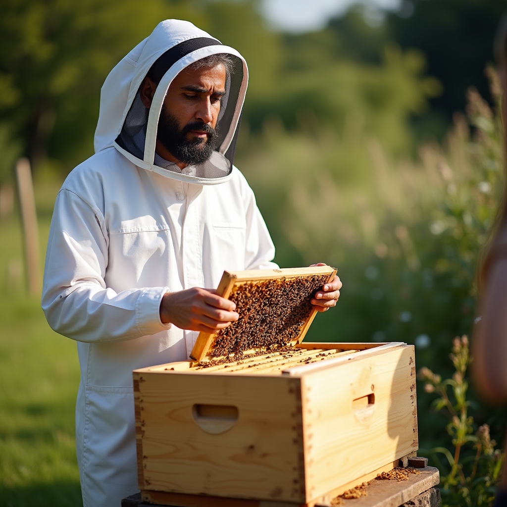 Kursleiter erklärt Teilnehmern den Umgang mit Bienen am Lehrbienenstand