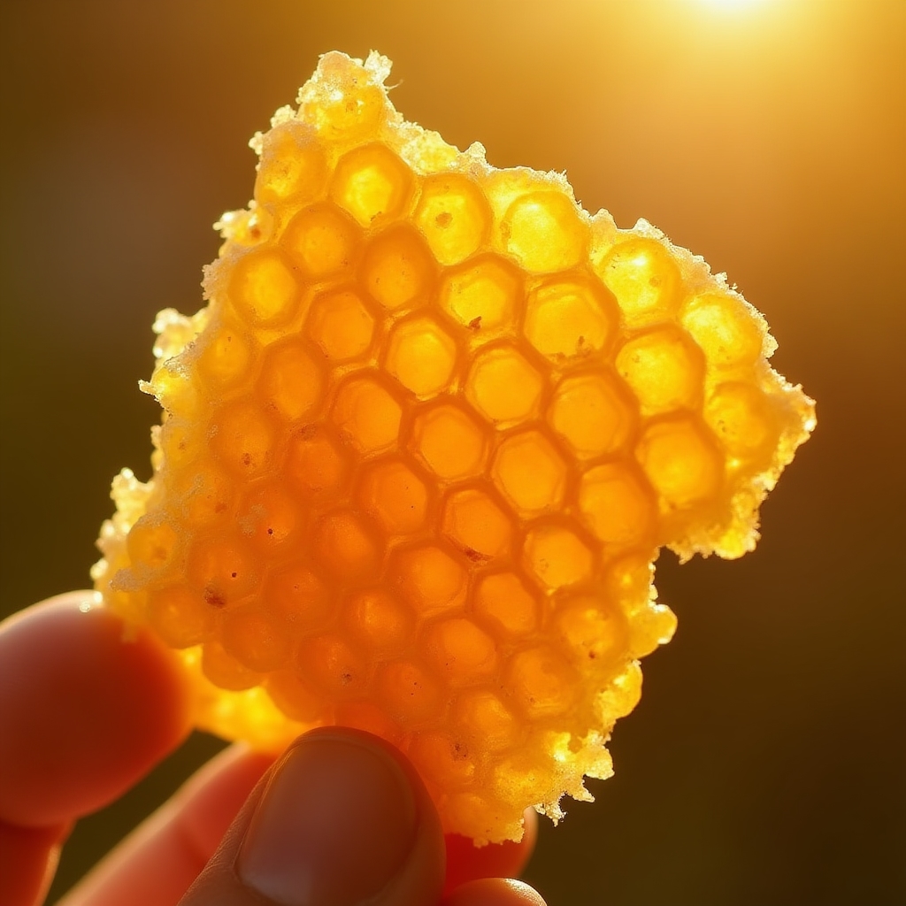 Nahaufnahme einer Honigwabe mit goldenen Wachszellen im Sonnenlicht