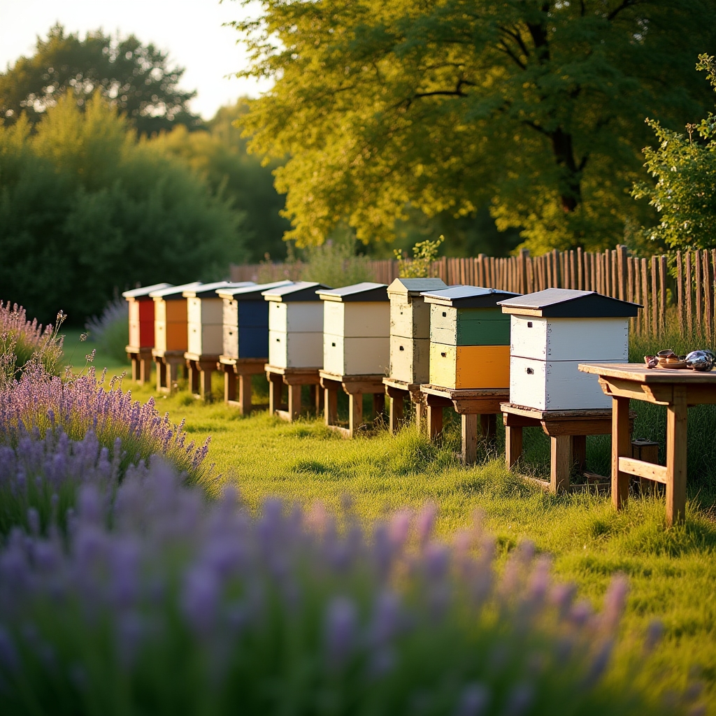 Lehrbienenstand in Berlin mit mehreren Bienenstöcken im Garten